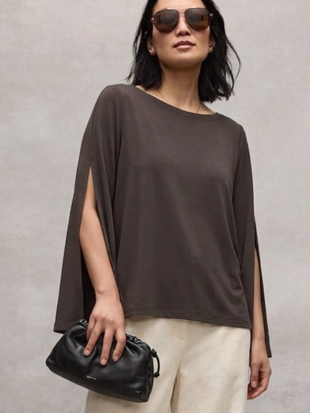 Eileen Fisher Chocolate Brown Jersey Kimono Sleeve Hi Lo Hem Top Made in USA S P
